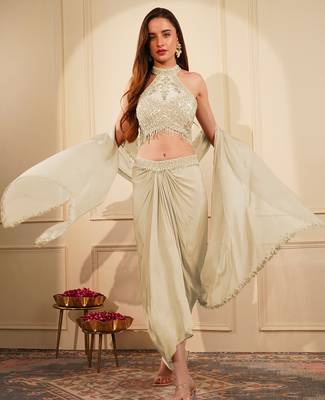Dull ivory crepe drape skirt set with heavy hand embroidered blouse and dupatta 3