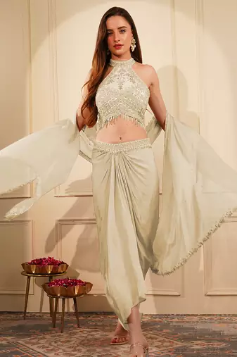 Dull ivory crepe drape skirt set with heavy hand embroidered blouse and dupatta