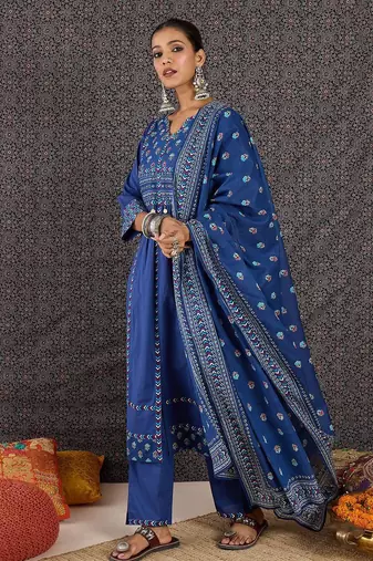 Women Ethnic Motifs Printed Regular Sequinned Pure Cotton Kurta with Trousers & With Dupatta