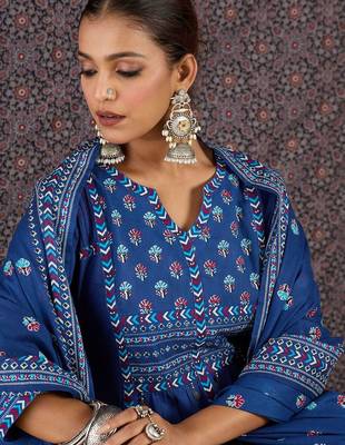 Women Ethnic Motifs Printed Regular Sequinned Pure Cotton Kurta with Trousers & With Dupatta 2