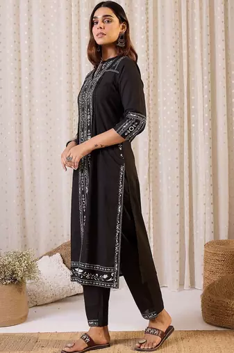 Women Ethnic Motifs Printed Regular Mirror Work Pure Cotton Kurta with Trousers