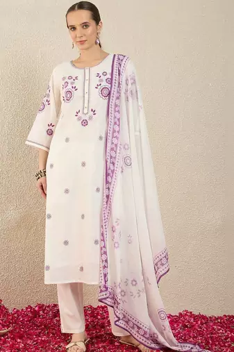 Women Floral Embroidered Regular Thread Work Pure Cotton Kurta with Trousers & With Dupatta