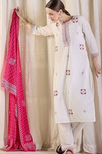 Women Ethnic Motifs Embroidered Regular Thread Work Pure Cotton Kurta with Trousers & With Dupatta
