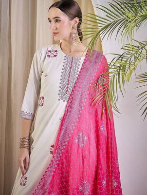 Women Ethnic Motifs Embroidered Regular Thread Work Pure Cotton Kurta with Trousers & With Dupatta 2