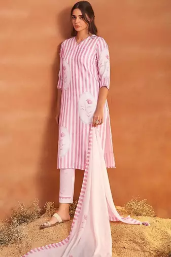 Women Printed Regular Linen Kurta with Trousers & With Dupatta