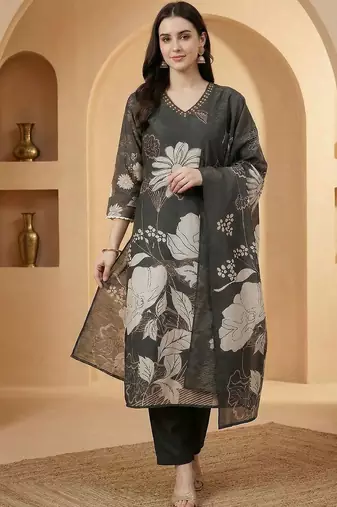 Women Floral Printed Regular Thread Work Kurta with Trousers & With Dupatta