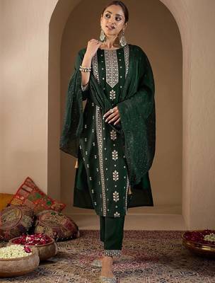 Women Ethnic Motifs Embroidered Regular Thread Work Kurta with Trousers & With Dupatta 1