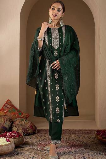 Women Ethnic Motifs Embroidered Regular Thread Work Kurta with Trousers & With Dupatta