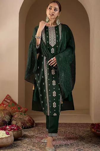 Women Ethnic Motifs Embroidered Regular Thread Work Kurta with Trousers & With Dupatta