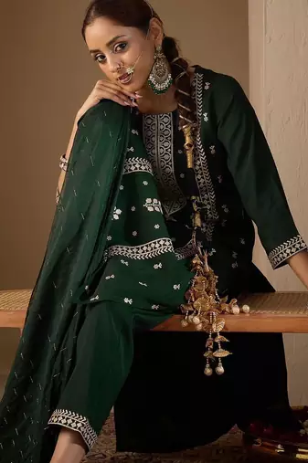 Women Ethnic Motifs Embroidered Regular Thread Work Kurta with Trousers & With Dupatta