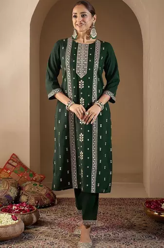 Women Ethnic Motifs Embroidered Regular Thread Work Kurta with Trousers & With Dupatta