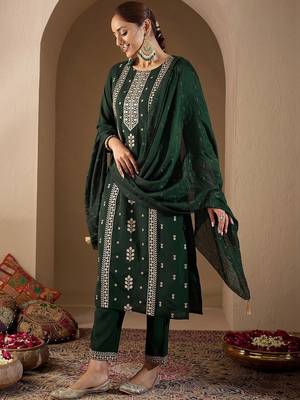 Women Ethnic Motifs Embroidered Regular Thread Work Kurta with Trousers & With Dupatta 6