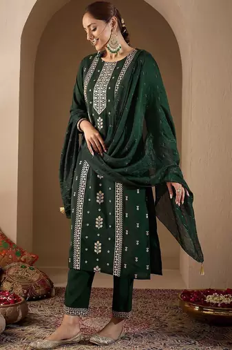 Women Ethnic Motifs Embroidered Regular Thread Work Kurta with Trousers & With Dupatta