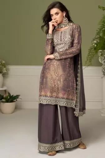 Brown digital print chinon silk blend kurta palazzo set