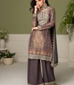 Brown digital print chinon silk blend kurta palazzo set