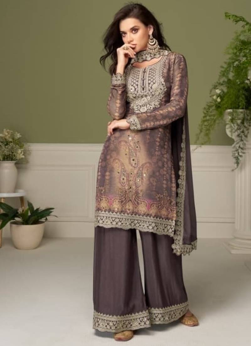Brown digital print chinon silk blend kurta palazzo set