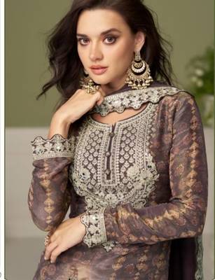 Brown digital print chinon silk blend kurta palazzo set 2