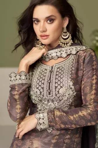 Brown digital print chinon silk blend kurta palazzo set