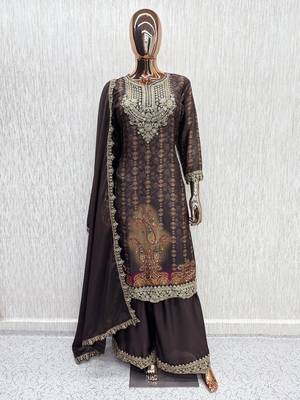 Brown digital print chinon silk blend kurta palazzo set 3
