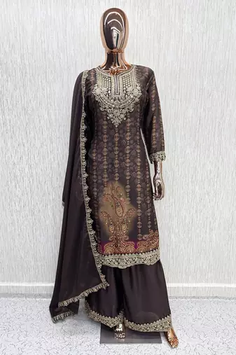 Brown digital print chinon silk blend kurta palazzo set