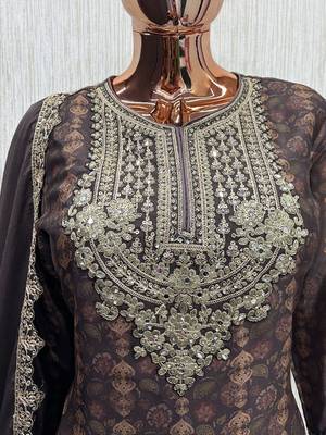 Brown digital print chinon silk blend kurta palazzo set 4
