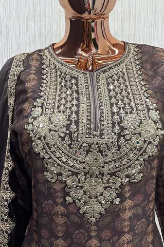 Brown digital print chinon silk blend kurta palazzo set
