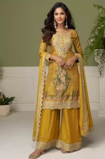 Yellow digital print chinon silk blend kurta palazzo set