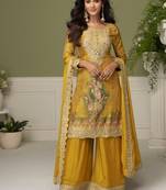 Yellow digital print chinon silk blend kurta palazzo set
