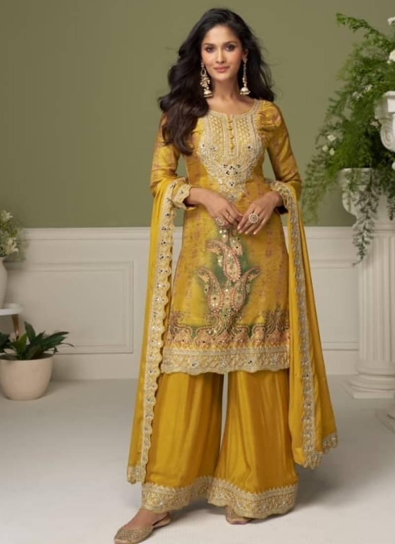 Yellow digital print chinon silk blend kurta palazzo set