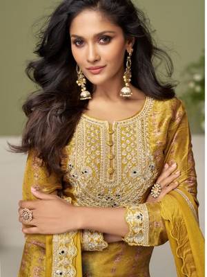 Yellow digital print chinon silk blend kurta palazzo set 2