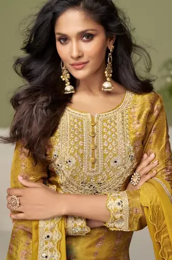 Yellow digital print chinon silk blend kurta palazzo set