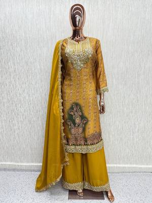 Yellow digital print chinon silk blend kurta palazzo set 3