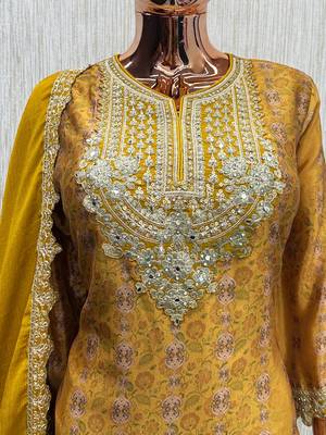 Yellow digital print chinon silk blend kurta palazzo set 4