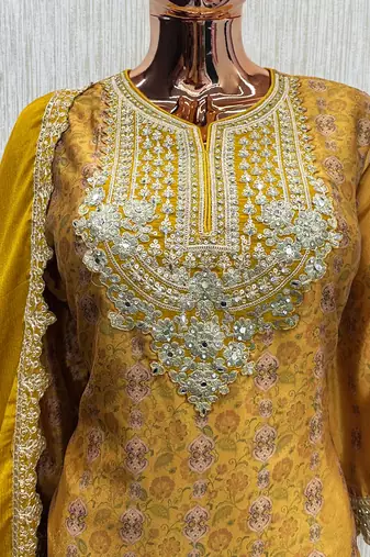 Yellow digital print chinon silk blend kurta palazzo set