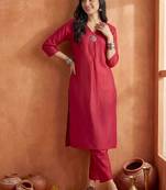 Maroon Solid A-line Kurta Trousers Set