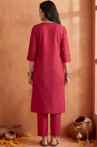 Maroon Solid A-line Kurta Trousers Set