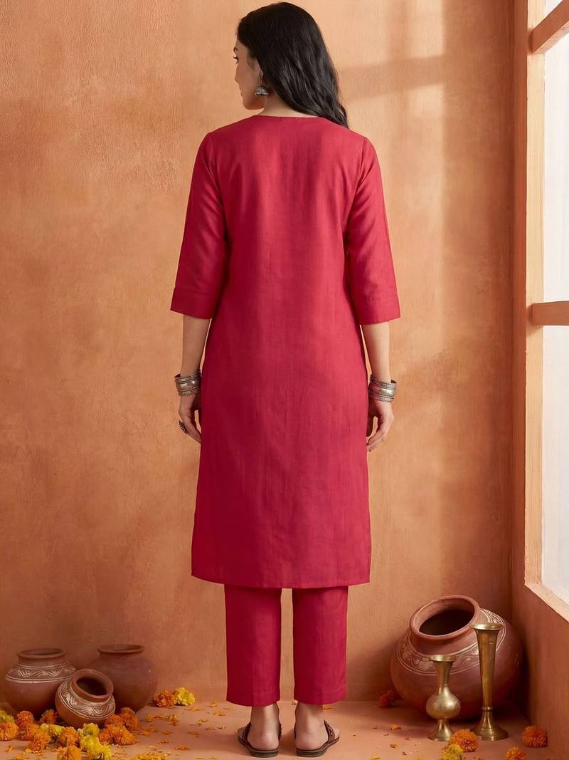 Maroon Solid A-line Kurta Trousers Set