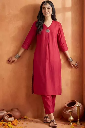 Maroon Solid A-line Kurta Trousers Set