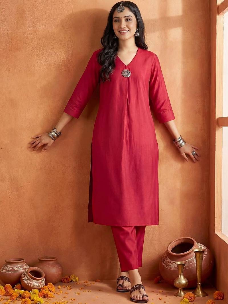 Maroon Solid A-line Kurta Trousers Set