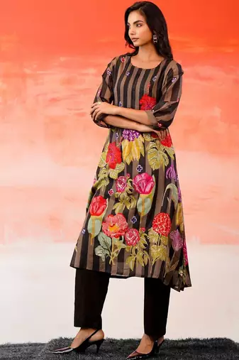 Black Printed A-line Kurta Trousers Set