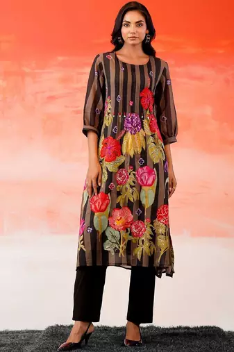 Black Printed A-line Kurta Trousers Set