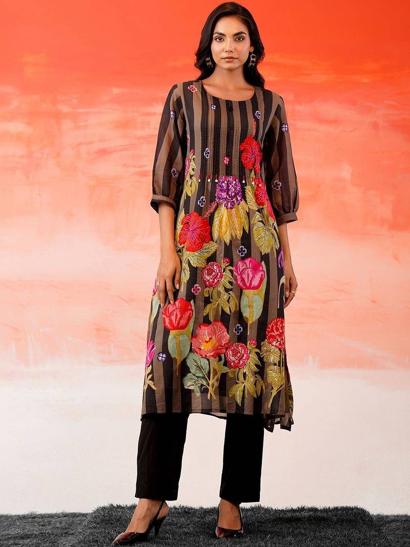 Black Printed A-line Kurta Trousers Set