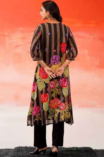 Black Printed A-line Kurta Trousers Set