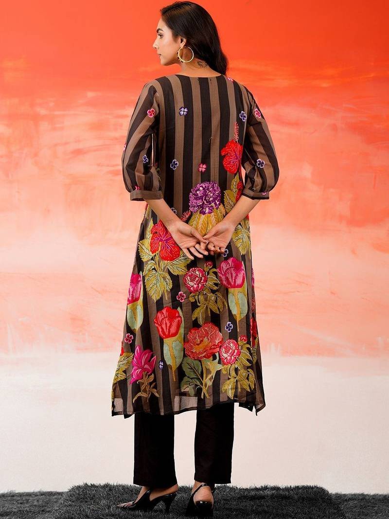 Black Printed A-line Kurta Trousers Set