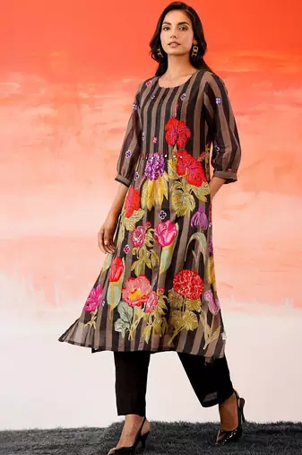 Black Printed A-line Kurta Trousers Set