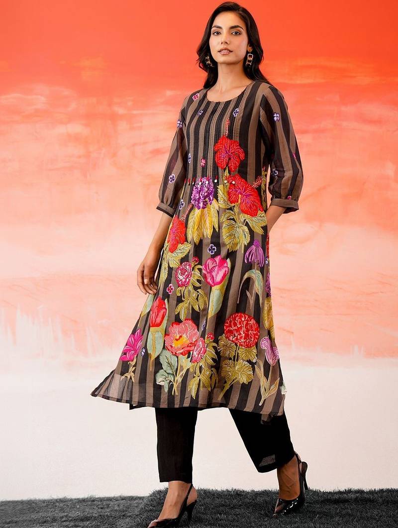 Black Printed A-line Kurta Trousers Set