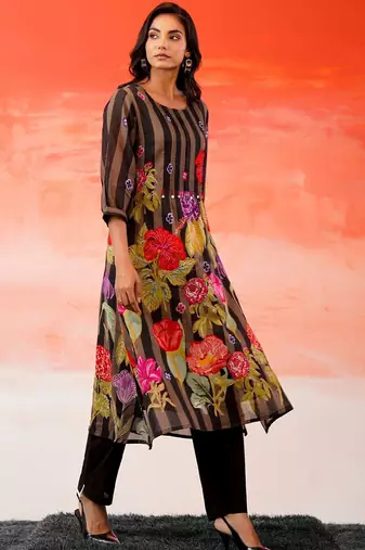 Black Printed A-line Kurta Trousers Set