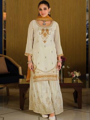 White Embroidered Straight Kurta Palazzos Dupatta Set 1