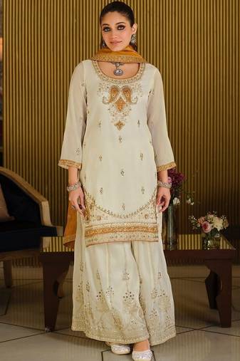 White Embroidered Straight Kurta Palazzos Dupatta Set