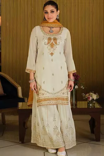 White Embroidered Straight Kurta Palazzos Dupatta Set